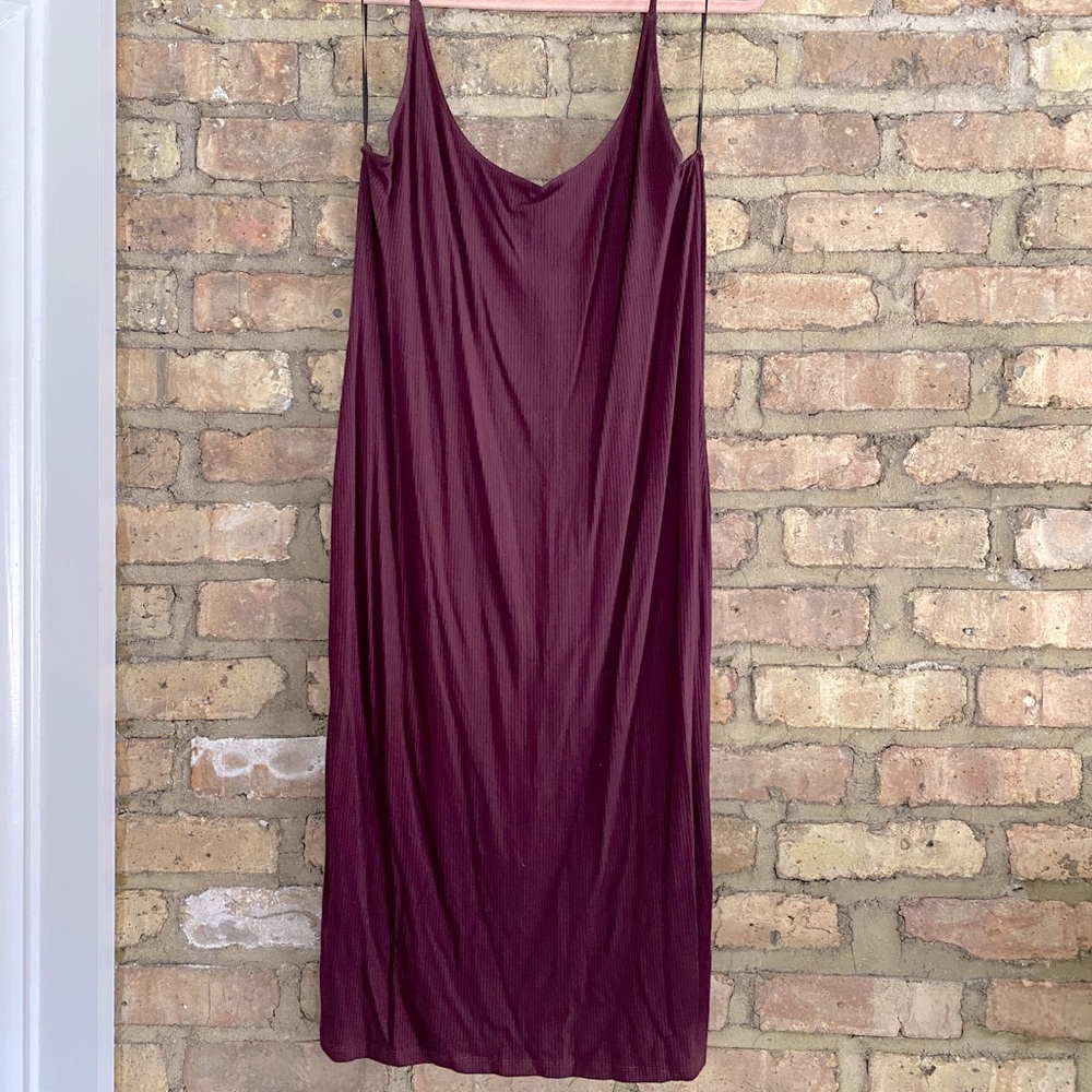 H&M Basic Ribbed Maroon Spaghetti Strap Midi Dress